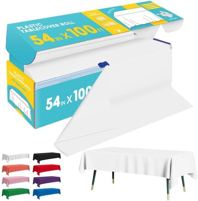 Niuara White Plastic Table Cover Roll - 54IN x 100FT, Table Cloth for Rectangle Table with Slide Cutter, Plastic Table Cloth Disposable with Cut-to-Size Design for Weddings, Banquets, Parties