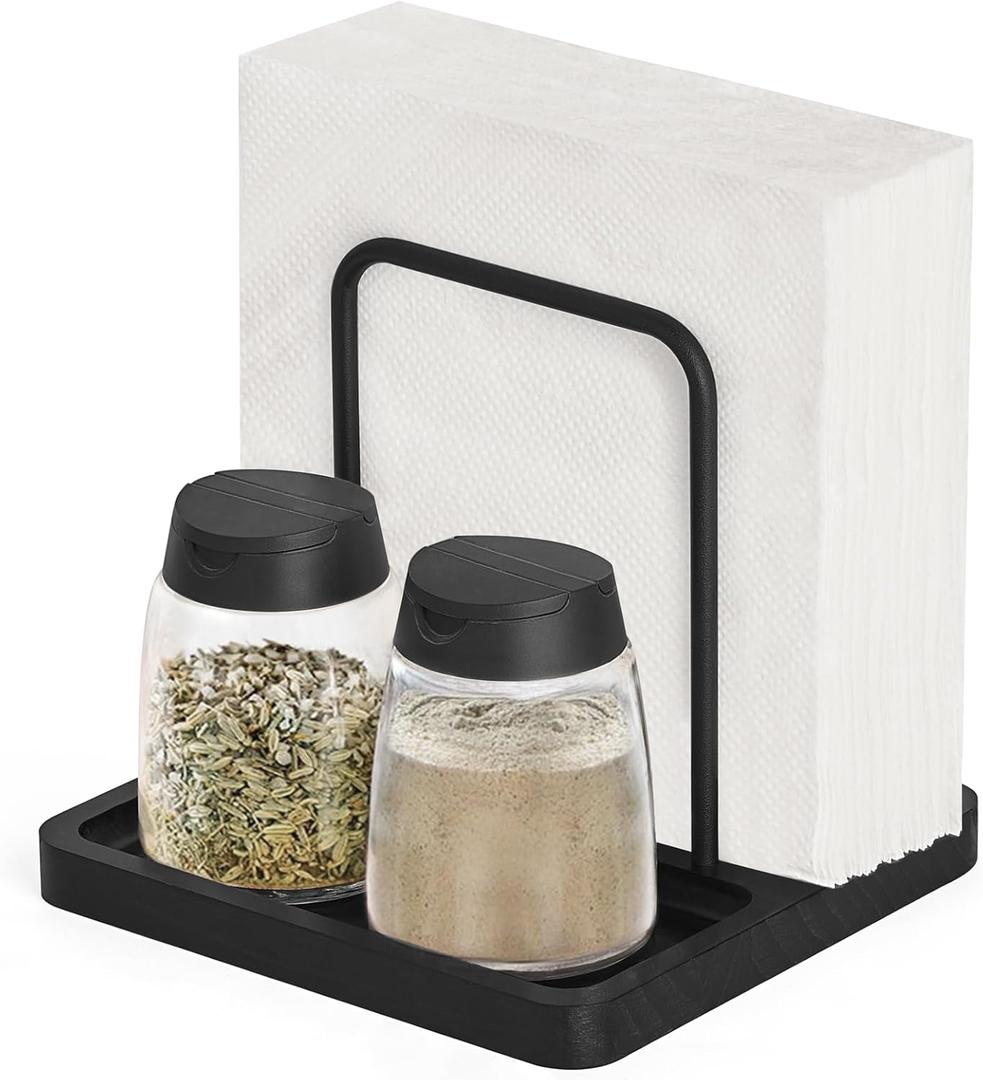 Mkono Napkin Holder for Table Farmhouse Wooden Napkin Dispenser Rustic Paper Napkin Storage for Kitchen Dining Room Coffee Bar, Black (Salt and Pepper Shakers not Included)
