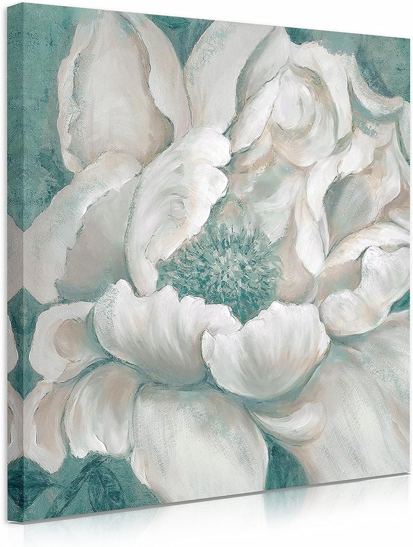 Bathroom Flower Picture Wall Art Blossom Teal White Floral Framed Painting Canvas Print with Hand Painted for Home Bedroom Decor 12 x 12 inches