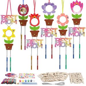 Fennoral 12 Pack Flower MOM Wind Chime Kit for Kids Make You Own Mother's Day Craft Kit DIY Coloring Wooden Art and Craft for Mom's Birthday Decoration Mother's Day Gifts from Daughter Son