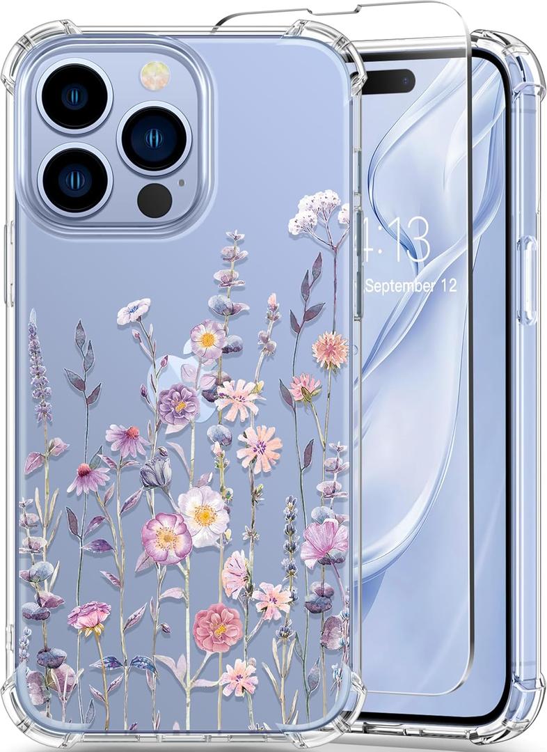 GVIEWIN for iPhone 13 Pro Case with Screen Protector & Camera Lens Protector, [10FT Military Grade Drop Protection] Clear Shockproof Slim Fit Floral Phone Case for Women 6.1" (Floratopia/Colorful)