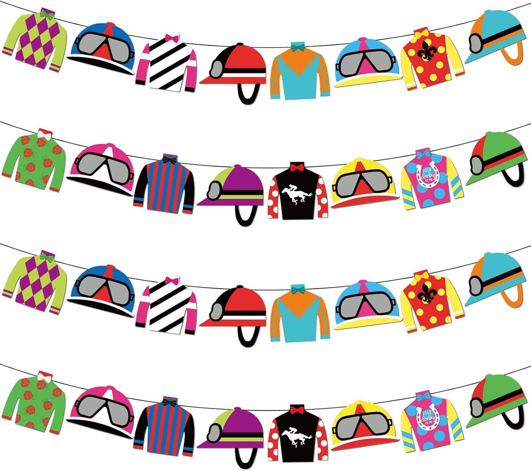 HunnmingRe 4 Pieces Derby Party Decorations Derby Day Party Banners Jockey Silk Banner Horse Racing Garland Streamers Decorations for Run for The Horse Themed Birthday Supplies