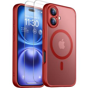 2 x SPIDERCASE Magnetic for iPhone 16 Plus Case,with 2 Pcs [Tempered Glass Screen Protector] Translucent Matte Back Slim Shockproof Protective Phone Case for iPhone 16 Plus 6.7'',Red