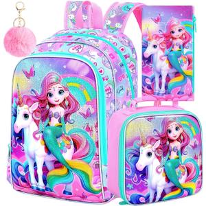 AGSDON 3PCS Mermaid Backpack for Girls, 16" Kids Backpacks Water Resistant with Lunch Box, Bookbag for Elementary Preschool (Fish Uni Rainbow)