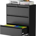 3 Drawer File Cabinet with Lock, Metal File Cabinet, Black | Steel Lateral File Cabinet for Home Office, Ideal for Legal/Letter/A4 Files, 40.4"H x 35.4"W x 15.7"D, Require Assembly