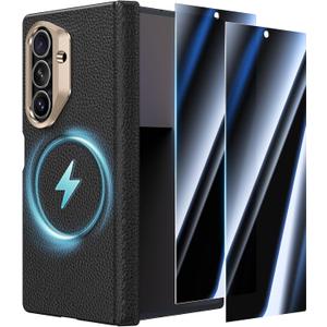 Leather Case for Samsung Galaxy Z Fold 7 with Hinge Protection, [Compatible with MagSafe] with 2 X Privacy Screen Protector Magnetic Cover for Galaxy Z Fold7 2025 [Without Front Frame], Black
