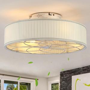 20" Caged Ceiling Fans with Lights Flush Mount,Low Profile Fabric Farmhouse Ceiling Fan with Remote Control, Boho Bladeless with 6 Speeds Reversible for Bedroom, Living Room (Ivory)