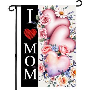 I Love Mom Happy Mothers Day Garden Flag 12x18 Inch Double Sided for Outdoor Pink Floral Heart Yard Flag Welcome Yard Party Decoration Flag (Mother02, GardenSize(12x18''))