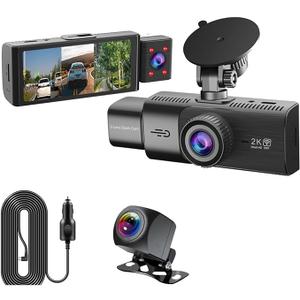 3 Channel Dash Cam Front Inside Rear Three Way Car DVR Dash Camera 2K+1080P Dual Channel with WiFi IR Night Vision G-Sensor Cam(3 Camera,1 pcs)