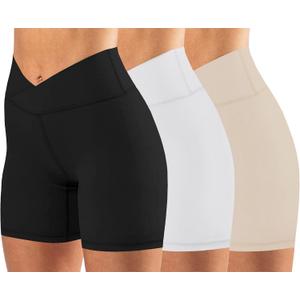 keriffe Womens Crossover Biker Shorts 5" High Waisted Yoga Workout Athletic Running Spandex Shorts (3 Pack Black/Khaki/White)