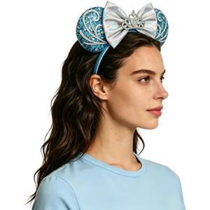 Princess Mouse Ears Headband for Women Blue Sequin Mouse Ears for Adult Park Ears
