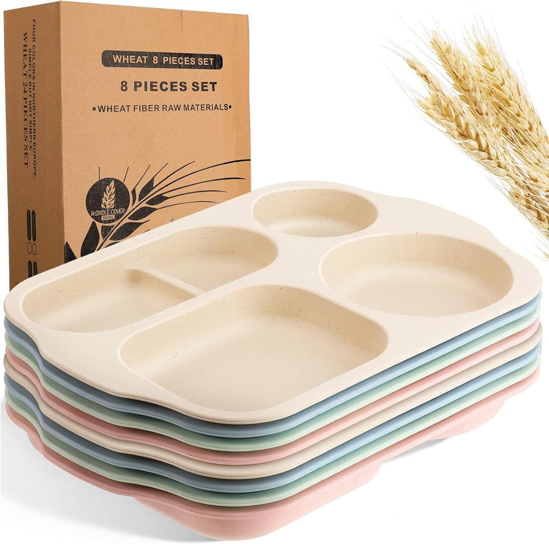 Vesici 8 Pcs Large 12 Inch Unbreakable Divided Plates for Kids Adults - Wheat Straw Tray - Microwave Dishwasher Safe - Reusable Plastic Compartment Plates(Pink, Blue, Beige, Green)