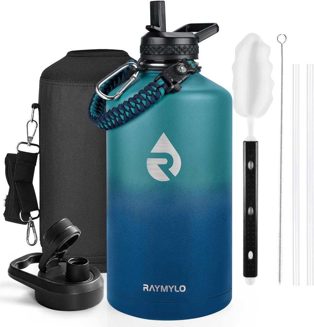 One Gallon Water Bottle Insulated, Triple Walled Vacuum Stainless Steel (Cold for 48 Hrs), Leak Proof & Non-BPA, Large Water Flask Jug with Paracord Handle & Straw Spout Lids (128 Ounces, Cyan Blue) One Gallon Water Bottle Insulated, Triple Walled Vacuum Stainless Steel (Cold for 48 Hrs), Leak Proof & Non-BPA, Large Water Flask Jug with Paracord Handle & Straw Spout Lids (128 Ounces, Cyan Blue)