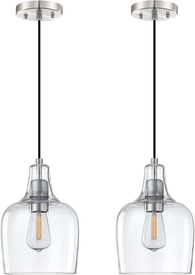 2 Pack 1 Light Indoor Hanging Kitchen Island Pendant Ceiling Light 6.1" Clear Seeded Glass Fixture,Brushed Nickel Finish for Farmhouse Over Sink Bedroom Hallway