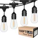 Outdoor String Lights LED 100FT Commercial Grade Heavy Duty Light String Lights with 30 Sockets 32 Shatterproof Plastic Bulbs Include 2 Spare S14 Dimmable Edison Bulbs Patio Market Cafe Light (Black)