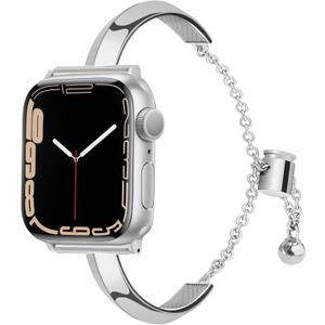 Slim Metal Band Compatible with Apple Watch Band 46mm 45mm 44mm 49mm 42mm iWatch SE Series 10 9 8 7 6 5 4 3 2 1 Ultra, Cute Dressy Bands for Women, Fancy Strap Bracelet (Silver)