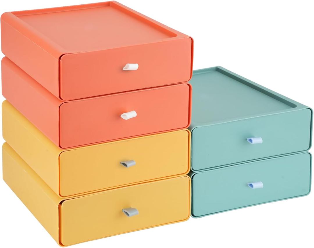 RETON 6 PCS Stackable Storage with Drawers, Large Capacity Desktop Organizer, Plastic Storage Box for Office School Home (3 Colors)