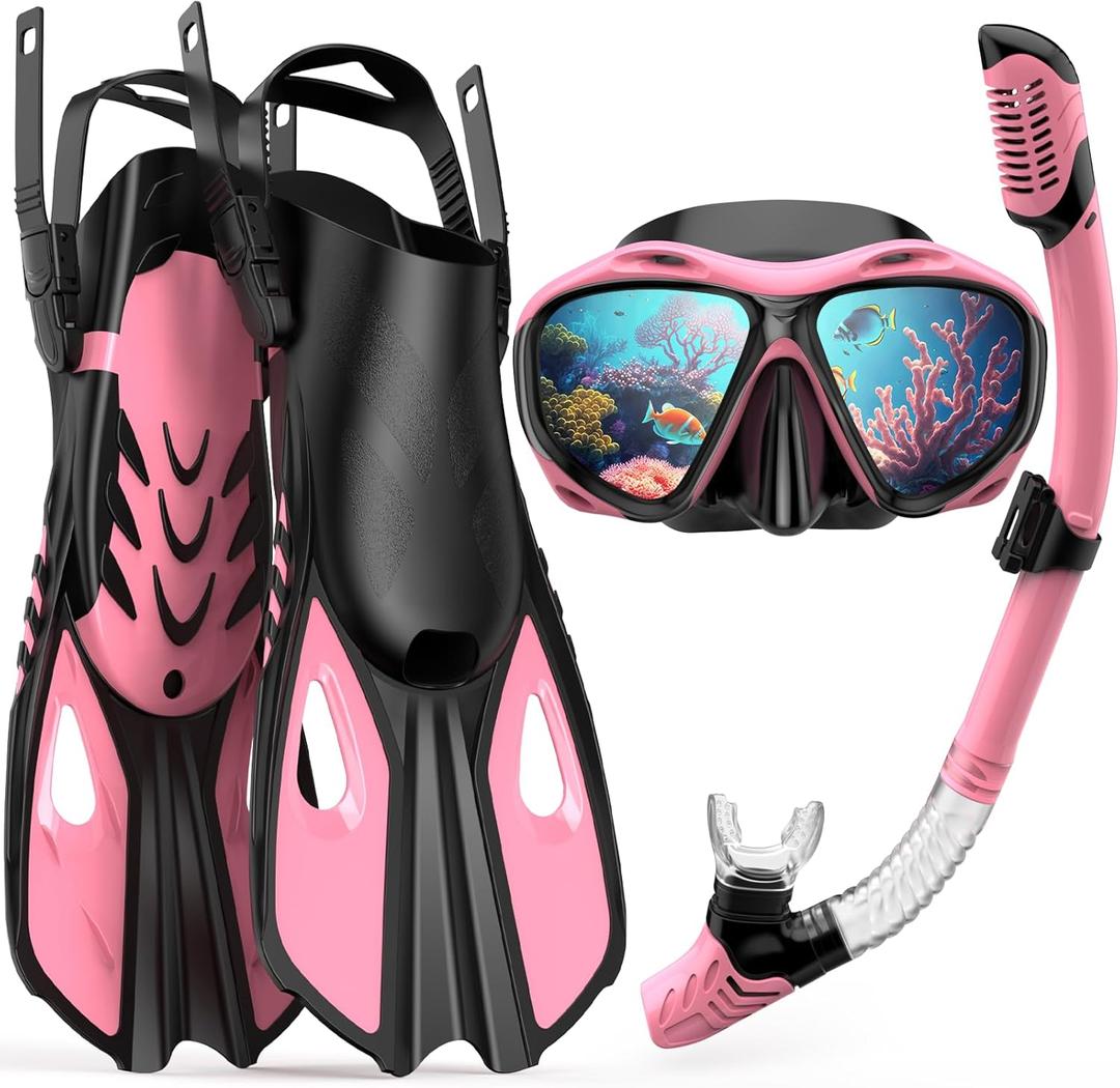 Snorkeling Gear for Adults Men Women, 3 in 1 Snorkel Set with Panoramic View Diving Mask Anti-Fog Anti-Leak, Snorkel Mask Dry Top Snorkel Fins for Swimming, Snorkeling and Travel Diving (Large-X-Large, Pink)