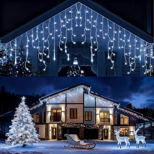 32.8ft 400 LED Icicle String Lights, 8 Modes Waterproof Icicle Christmas Lights Outdoor with Memory Function, Curtain Fairy Lights Hanging Decor for Home, Party, Christmas & Halloween (Cool White)