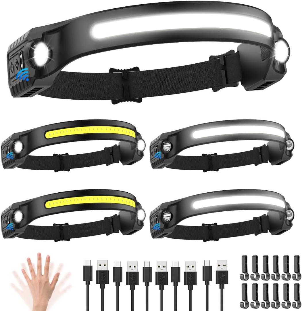 Headlamp Rechargeable 5Pack, 230 Wide Beam Head Lamp with 2 Spotlights, LED Headlamp with Motion Sensor, 5Mode Rechargeable Headlamp, Head Lights for Forehead, Headlamps for Adults Running Hard Hat