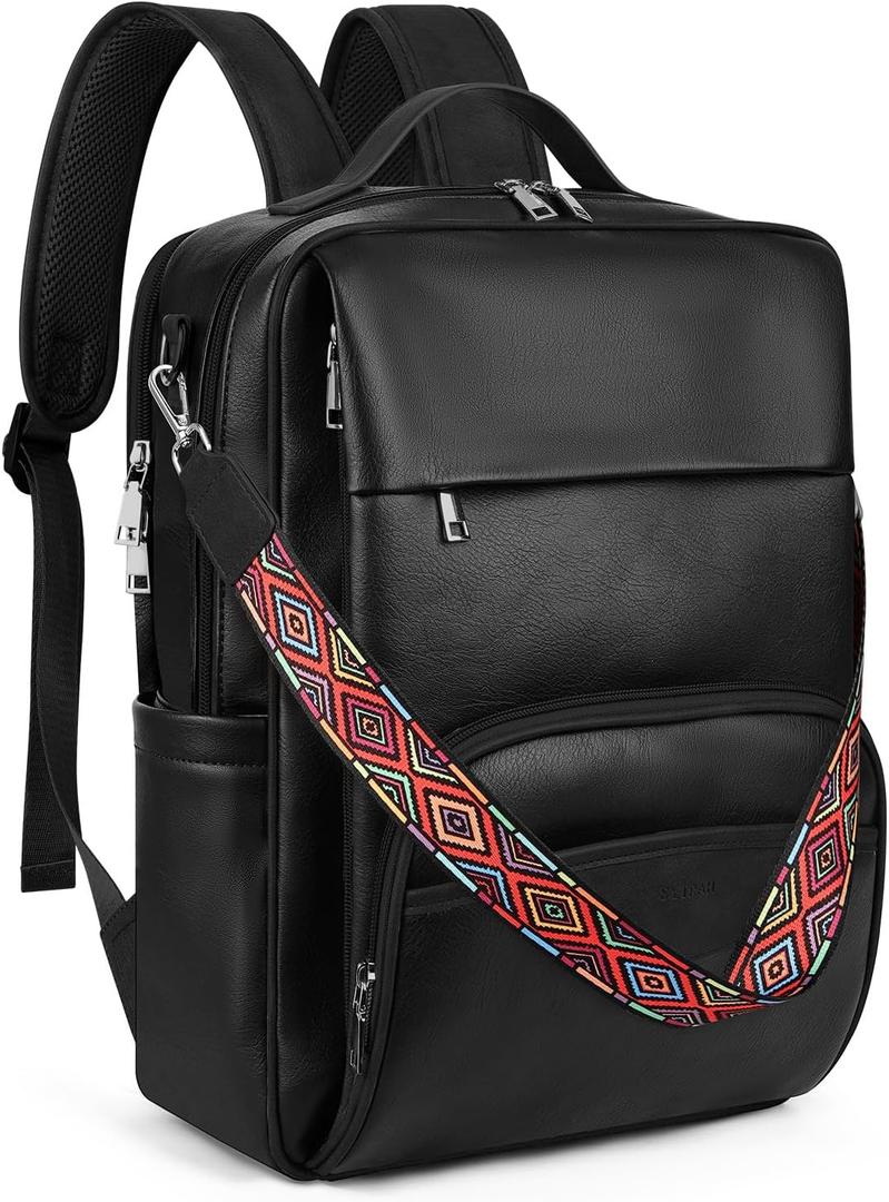 Leather Laptop Backpack, 15.6 Inch Business Computer Bag, Designer College Backpack Travel Backpack with Colorful Shoulder Bag Strap Black