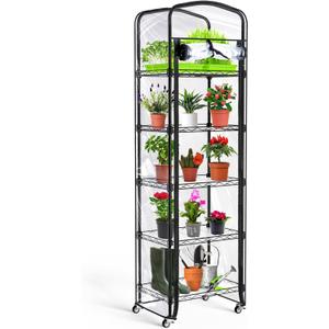 Abimars 5Tier Mini Greenhouse with Caster Wheels, Each Shelf Height Adjustable Metal Plant Shelf with PVC Cover for Seed Starting Trays, Seedling Pots, Plant Pots, 11x16x57inch