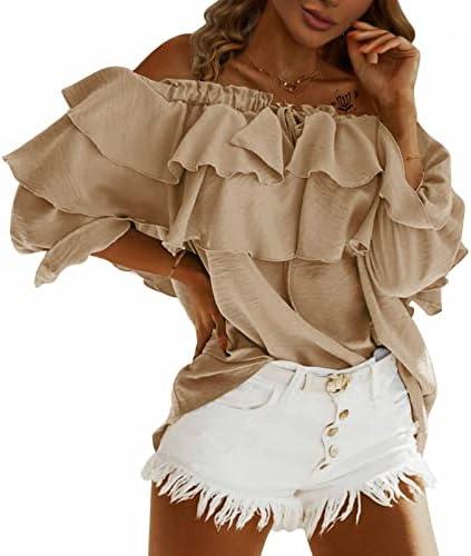 Byinns Women's Off Shoulder Ruffle Trendy Summer Fashion Long Sleeve Blouse Sexy Dressy Casual Outfits Layered Tops, Size 2XL