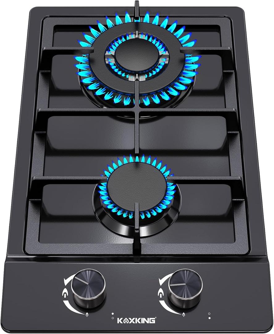 2 Burner Gas Cooktop, 12 Inch Built-in Propane Stove Top, NG/LPG Dual Fuel with Thermocouple Protection, Black Enamel Cooktop for Apartment & RV