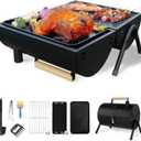 Portable Charcoal Grill Barbecue Grill Folding Set Double Sided +Barbecue Pan Net+6PCS Tools for Outdoor Camping BBQ Grilling Backyard Party Cooking Chimney Tabletop Grill & Grilling Black