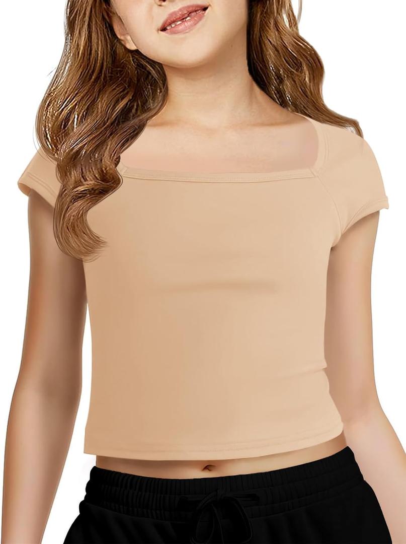 Haloumoning Girls Crop Tops Summer Short Sleeve T Shirts Kids Square Neck Slim Fit Basic Tee (5-6 Years, Beige)