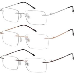 Eyekepper 3-Pack Rimless Metal Reading Glasses for Men - Rectangle Frameless Readers (Brown/Sliver/Gold)+1.50