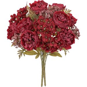 Hollyone 2 Bundles Artificial Fall Flowers Bouquet 18.8" Red Peony Hydrangea Fake Fall Floral Silk Flowers Autumn Faux Flower Arrangement for Home Wedding Table Centerpieces Thanksgiving Party Decor (Burgundy)