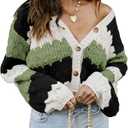 ECOWISH Women's Cropped Cardigan Sweaters 2025 Fall Striped Color Block Long Sleeve Button Up Knit Sweater Y2k Coats (Large, Army Green)