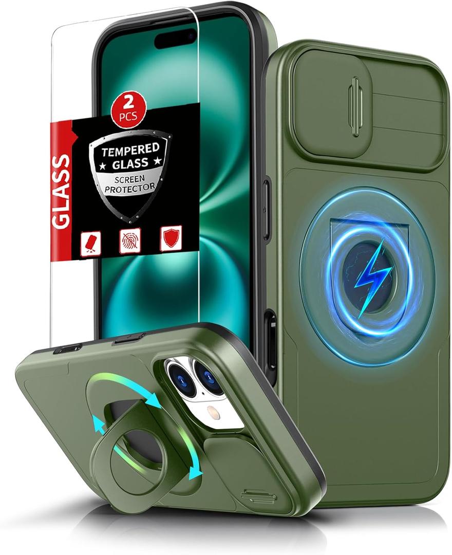 For iPhone 16 Case Magnetic Compatible with MagSafe Wireless Charging,with 2 Screen Protectors,Built-in Kickstand Ring,with Camera Cover Shock-Absorbent Shockproof Heavy Duty Protection Green