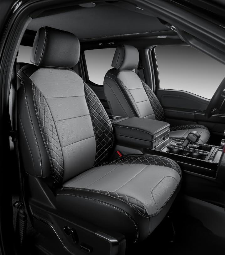 F150 Seat Covers, Custom Fit Ford 2021-2025 F150 XL XLT STX Super Crew Cab, 2023-2025 F250 F350 F450 XL XLT Crew Cab(NOT for 40/20/40 Bench Front Seat), Full Set, Leather, Black & Grey