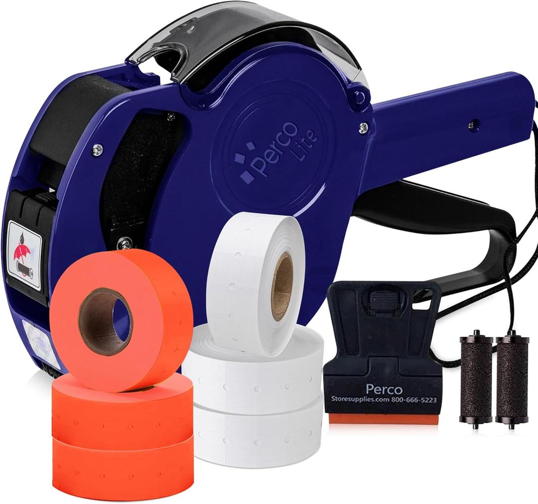 Perco Lite 1 Line Price Gun with Labels Kit - Includes 3 White Rolls, 3 Red Rolls, 2 Ink Rollers - 1 Ink roll and Labels Pre-Loaded