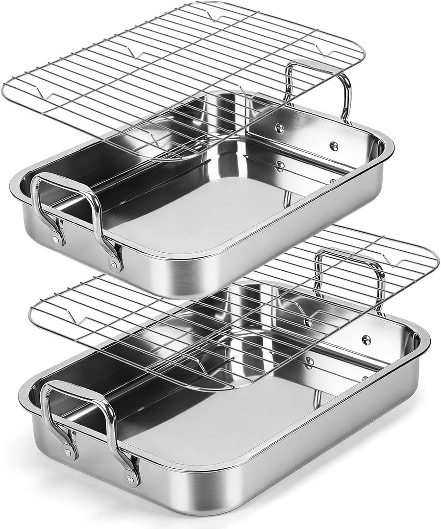 2 Pcs 14.17"15.35" Stainless Steel Roasting Pans with Handles, Baking Pan for Oven with 2 Pcs Flat Racks, Heavy Duty, Dishwasher Safe Rectangular Lasagna Pan with Handles for Turkey Chicken, Silver
