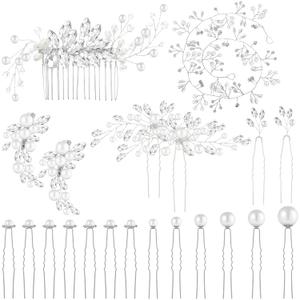 Maitys 44 Pieces Wedding Hair Accessories Faux Pearl Crystal Comb Clips U-shaped Flower Rhinestone Silver Pearl Hair Pieces for Prom Bride Bridesmaid(Fresh Style)
