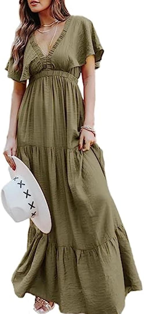 Amegoya Women's Summer Floral Print Maxi Dress Women Chiffon Long Flowy Bohemian Beach Party Dresses（XL Olive Green）
