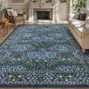 Lahome Floral Washable Rugs 8x10, Soft 8x10 Area Rugs for Living Room Bedroom, Boho Non-Slip Blue Forest Design Large Throw Carpet for Farmhouse Dining Room Office Giverny, Blue