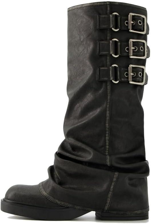 ClassicSter Fold Over Knee High Boots Slouch Boots for Women Chunky Goth Platform Boots,2 inch Heel Wide Calf Long Boots Square Toe Riding Boots (9, 101-black)