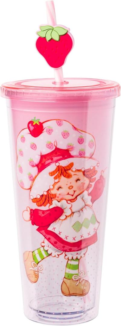Silver Buffalo Strawberry Shortcake Pink Plastic Cold Cup with Lid and Straw Topper, 24 Ounces