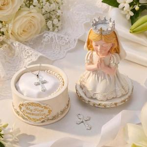 Bucherry First Communion Gifts for Girls 7.4 Inch Catholic First Holy Girl Praying Figurine Resin Box for Girls 1st Communion Gifts Baby Shower Religious Catholic Christian Table Decoration
