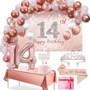Trgowaul 14th Birthday Decorations Balloon Set girls Arch, Rose Gold 14th Birthday Banner and Party Tablecloth, Belt and Tiara, Pink Gold 14th Balloon, Pink Birthday Cake Top, Latex Balloon * 60