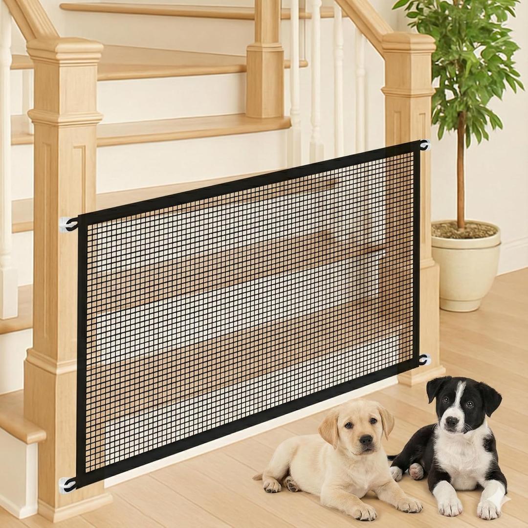 Pet Gate Mesh  No-Drill Easy Install, Good Helper,Portable Folding Dog Safety Fence for Stairs & Doorways, 43.3 W x 28.3 H with 4 Adhesive Hooks (Small)