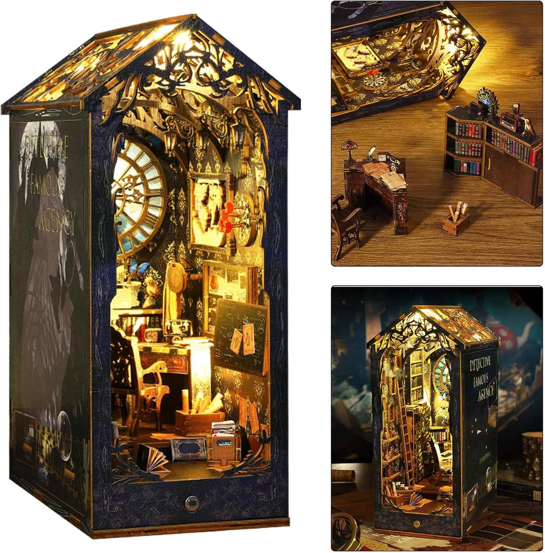 ISSEVE DIY Book Nook Kit, 3D Wooden Puzzle DIY Miniature House Kit for Booknook Shelf Insert Decoration, Magic Book House Stand Bookshelf Dollhouse for Adults with Sensor Light (Detective Agency)