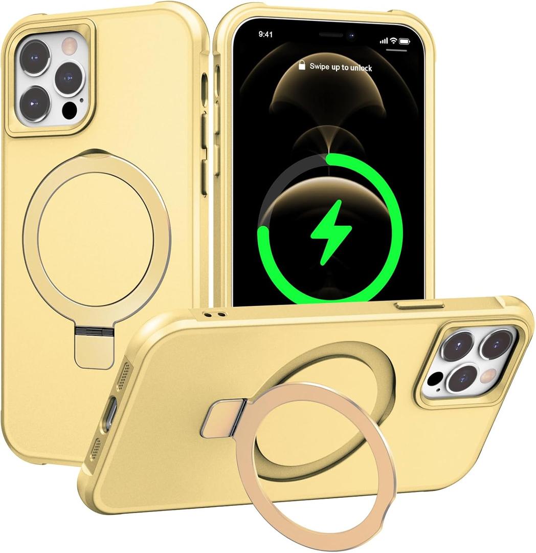 PIXIU Strong Magnetic for iPhone 12/12 Pro case Compatible with Mag-Safe, Built-in Invisible Stand,Military Shockproof Slim Protective Matte Phone Cover for iPhone 12/12 Pro 6.1" -Gold
