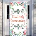 Pink First Holy Communion Door Cover Decorations, Girl Christening God Bless Front Door Decor Porch Banner Sign for Baby Baptism Dedication Photo Props Door Banner Communion Party Supplies 35.4 x 70.8