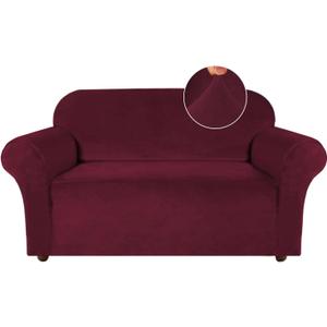 Turquoize Velvet Loveseat Covers Stretch Love Seat Couch Covers for 2 Cushion Couch Velvet Sofa Cover with Non Slip Elastic Bottom Furniture Cover Crafted from Soft Fabric (Loveseat, Burgundy)