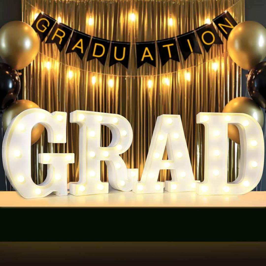 Graduation Decorations 2026, 4 LED Light Up Letters GRAD Sign for Class of 2026, Battery Operated Marquee Letter Lights GRAD Sign for High School Senior College Graduation Party Supplies- Warm White